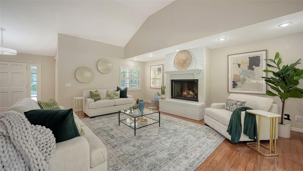 Fireplace, Interior, Living room, Recessed Lighting, Wood Texture Flooring