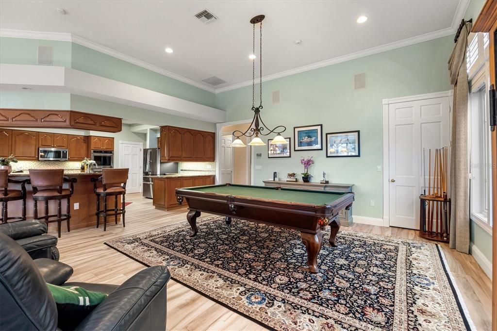 Billiard Table, Game Room, Interior, Kitchen, Pendant Lights, Recessed Lighting, Wood Texture Flooring