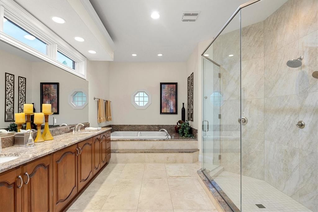 Bathroom, Dual Sink Vanities, Glass Shower, Interior, Recessed Lighting