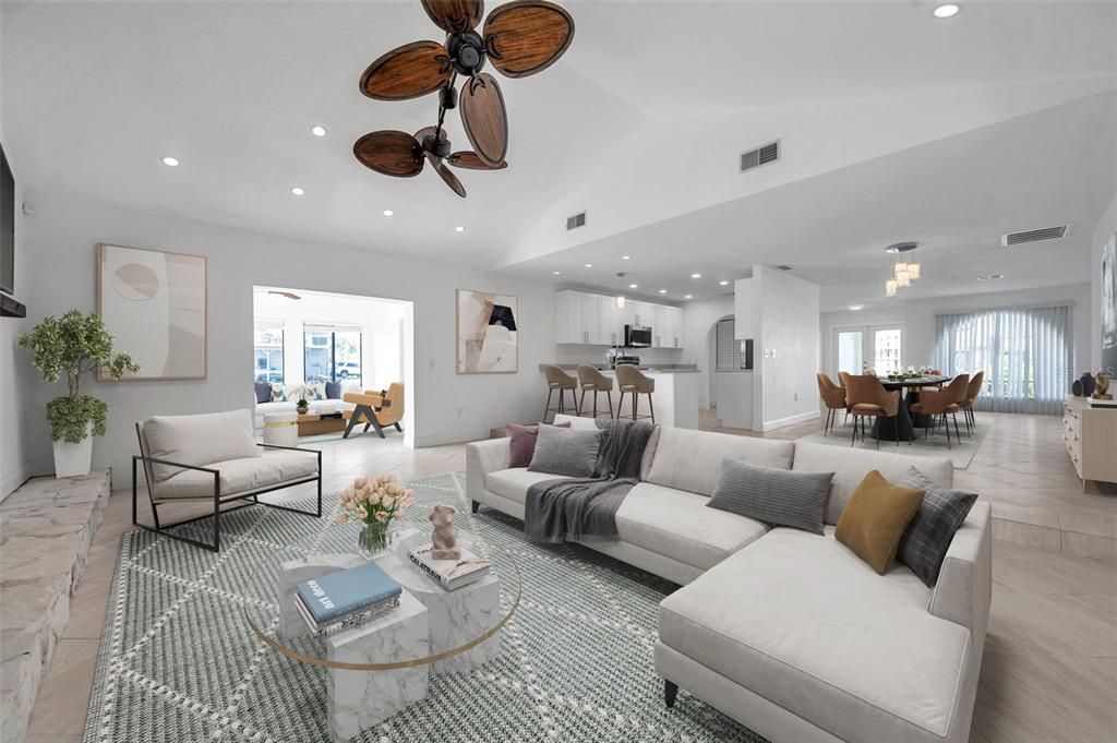 Chandelier, Dining room, Interior, Kitchen, Living room, Pendant Lights, Recessed Lighting, Stainless Steel Appliances