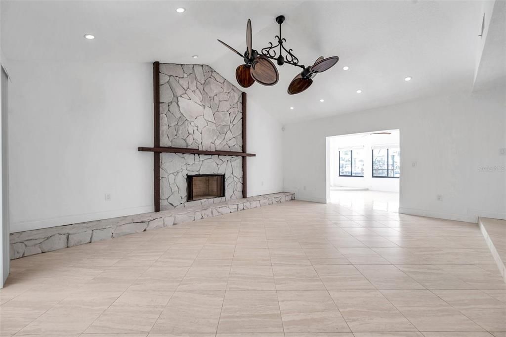 Empty room, Fireplace, Interior, Recessed Lighting, Stone Walls