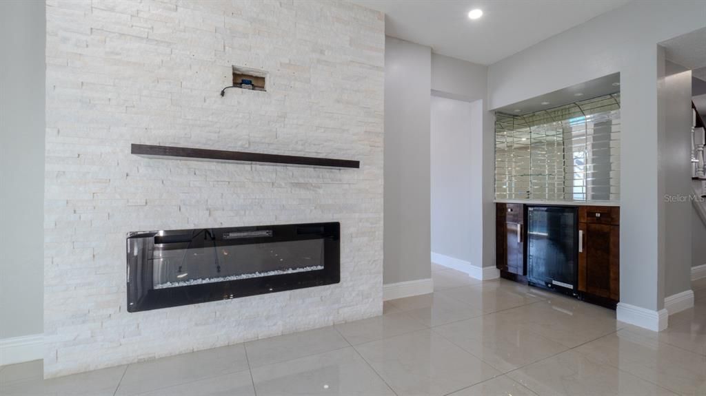 Fireplace, Interior, Recessed Lighting, Stone Walls