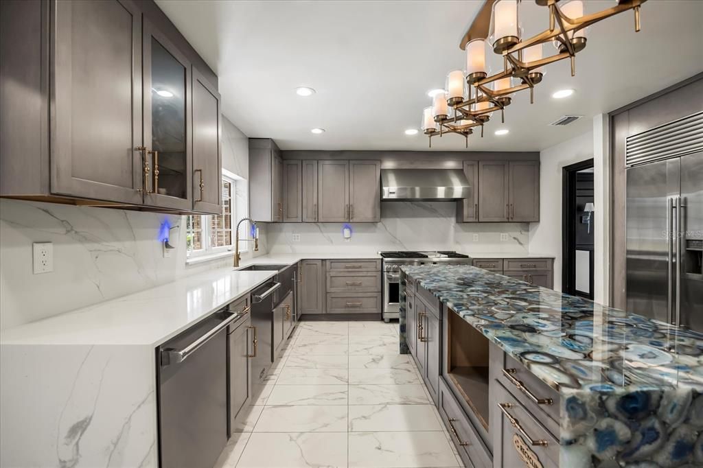 Interior, Kitchen, Marble, Recessed Lighting, Stainless Steel Appliances
