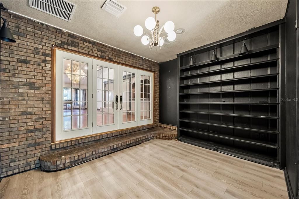 Empty room, Interior, Pendant Lights, Stone Walls, Wood Texture Flooring