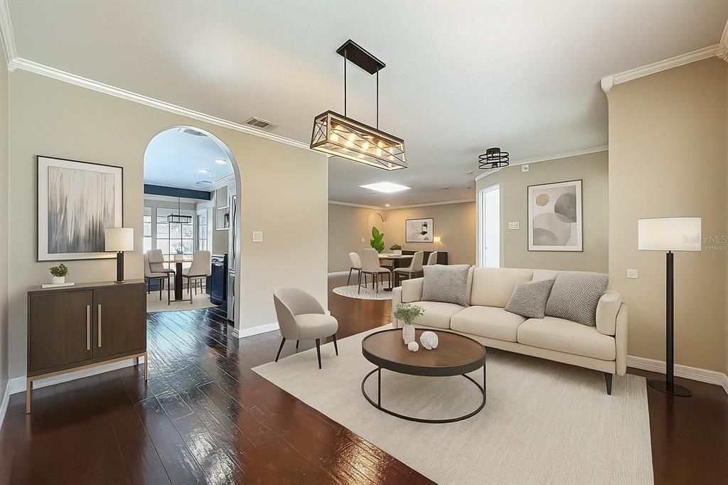 Dining room, Interior, Living room, Pendant Lights, Wood Texture Flooring