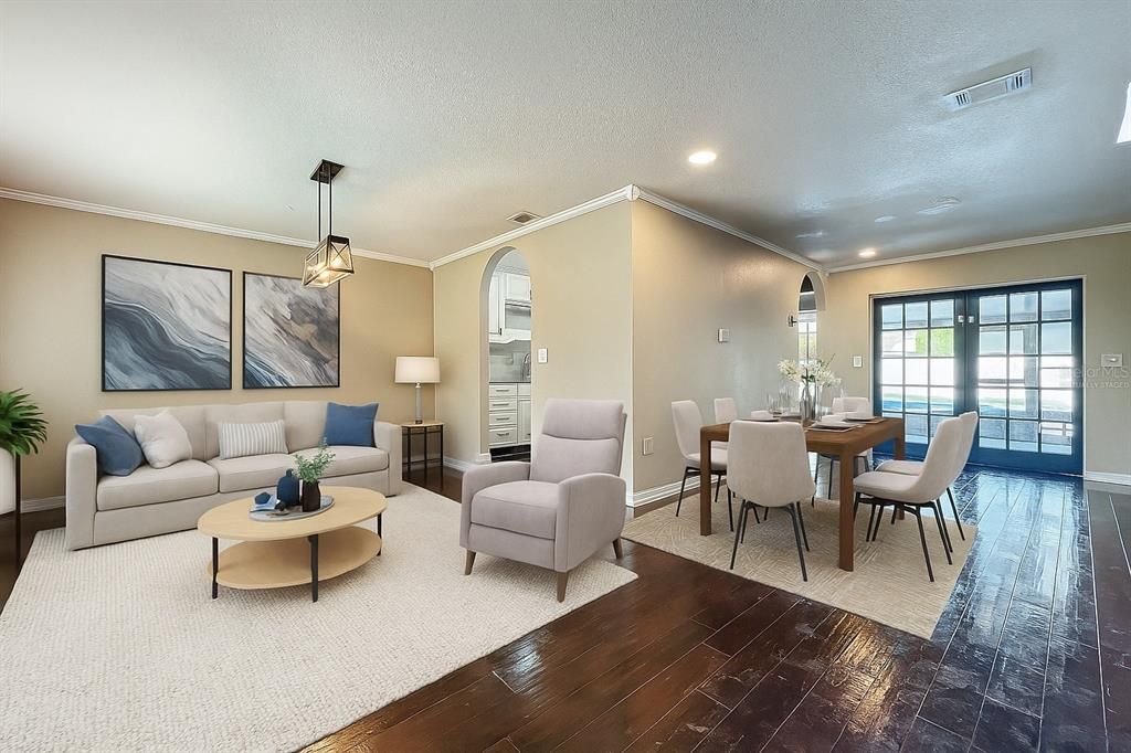 Dining room, Interior, Living room, Pendant Lights, Recessed Lighting, Wood Texture Flooring