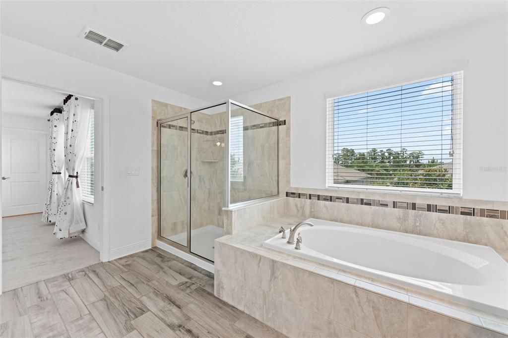 Bathroom, Glass Shower, Interior, Recessed Lighting, Wood Texture Flooring
