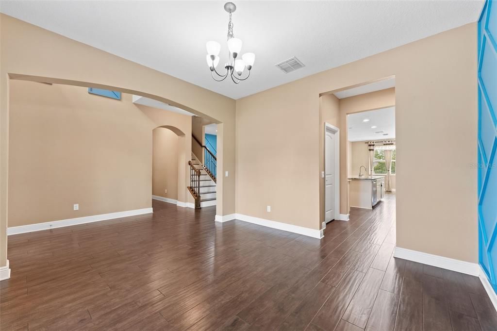 Chandelier, Empty room, Interior, Recessed Lighting, Wood Texture Flooring