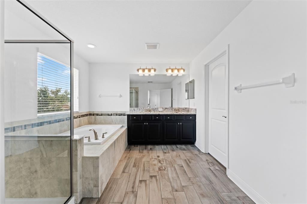 Bathroom, Glass Shower, Interior, Recessed Lighting, Wood Texture Flooring