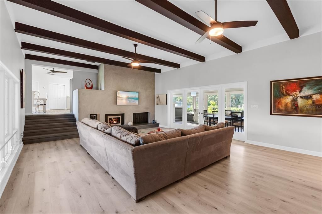 Fireplace, Interior, Living room, Wooden Beams, Wood Texture Flooring