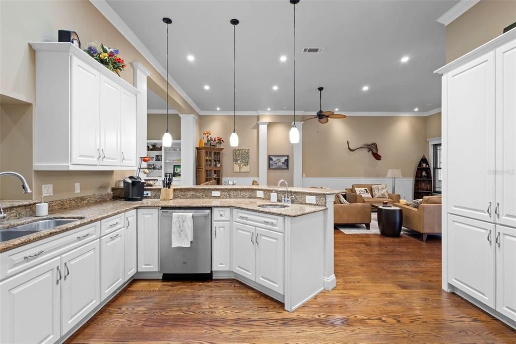 Interior, Kitchen, Living room, Pendant Lights, Recessed Lighting, Wood Texture Flooring