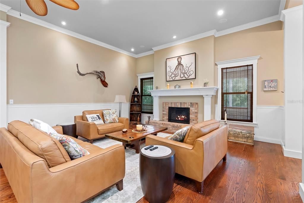 Fireplace, Interior, Living room, Recessed Lighting, Wood Texture Flooring