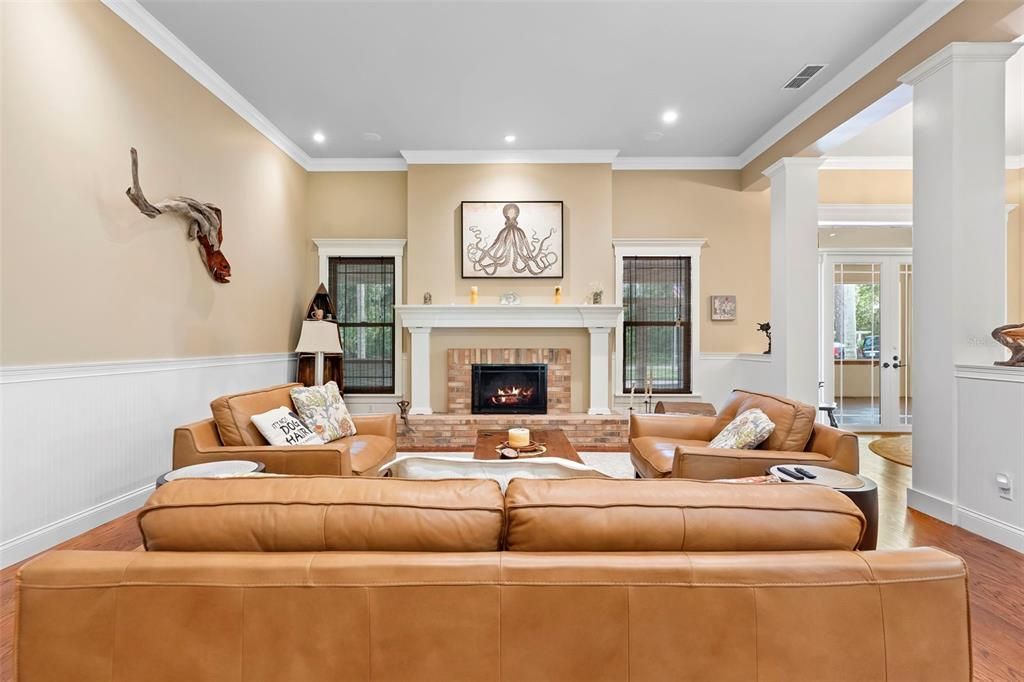 Fireplace, Interior, Living room, Recessed Lighting, Wood Texture Flooring