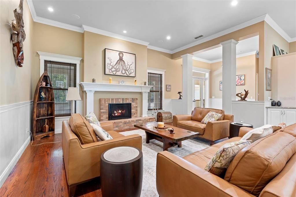 Fireplace, Interior, Living room, Recessed Lighting, Wood Texture Flooring