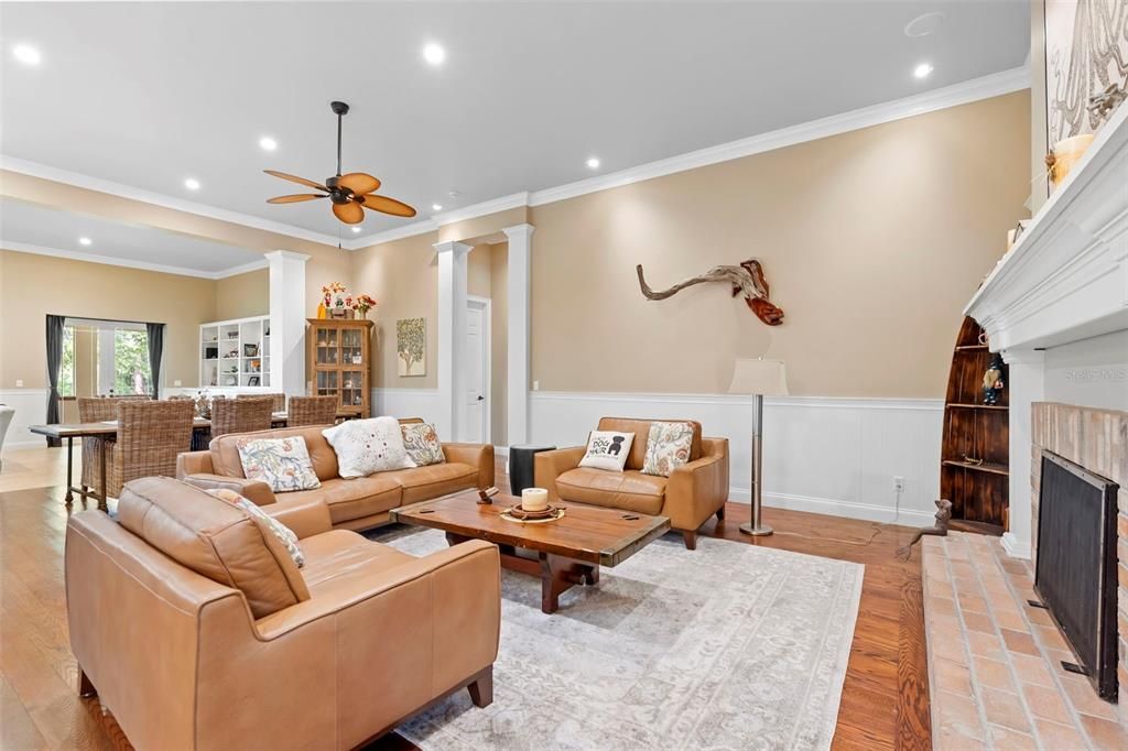 Fireplace, Interior, Living room, Recessed Lighting, Wood Texture Flooring