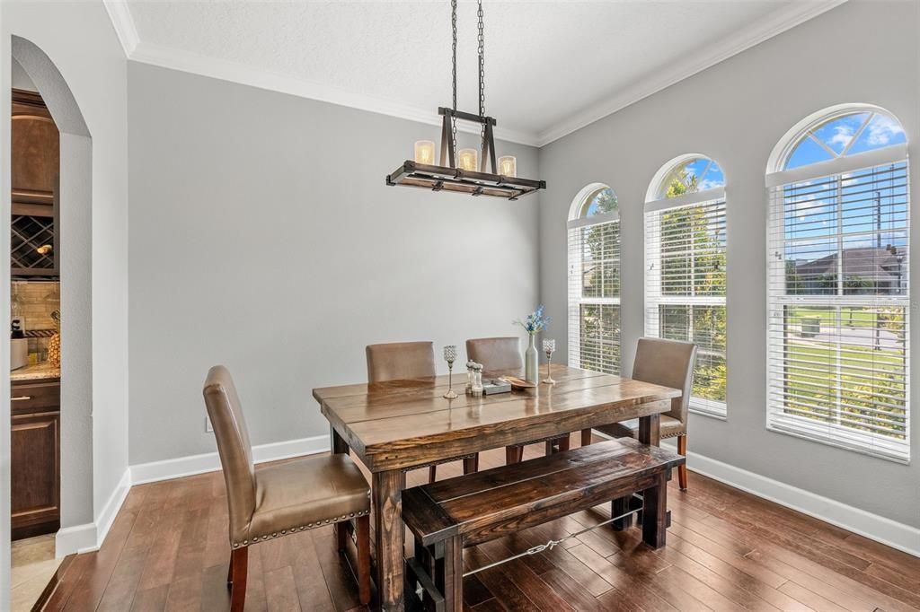 Dining room, Interior, Pendant Lights, Wood Texture Flooring