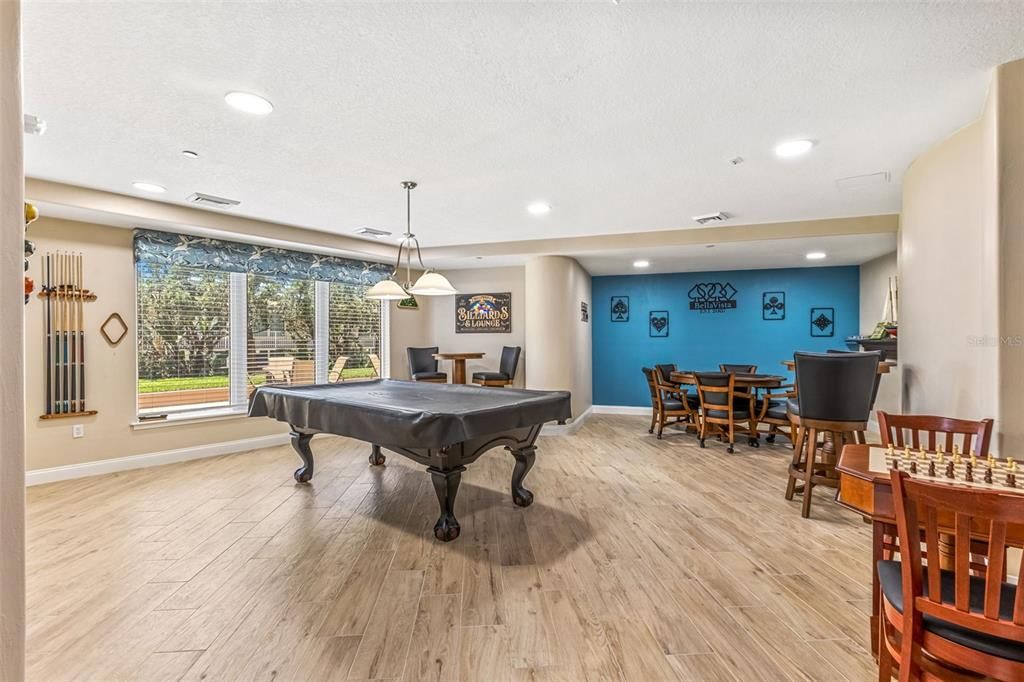 Billiard Table, Dining room, Game Room, Interior, Pendant Lights, Recessed Lighting, Wood Texture Flooring