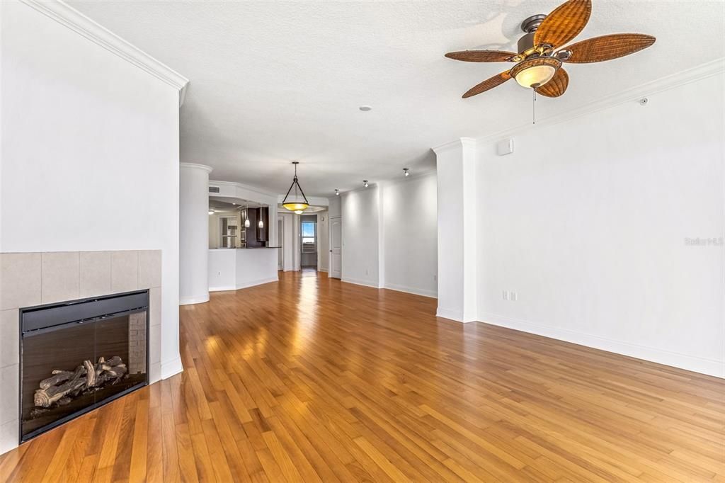 Empty room, Fireplace, Interior, Pendant Lights, Wood Texture Flooring