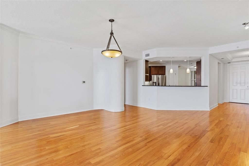 Empty room, Interior, Pendant Lights, Recessed Lighting, Wood Texture Flooring