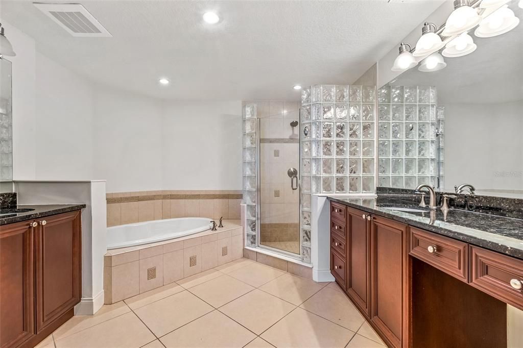 Bathroom, Dual Sink Vanities, Glass Shower, Interior, Recessed Lighting