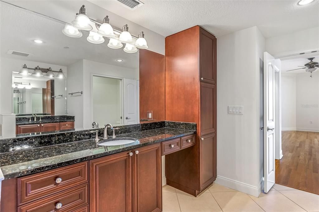 Bathroom, Dual Sink Vanities, Interior, Recessed Lighting, Wood Texture Flooring