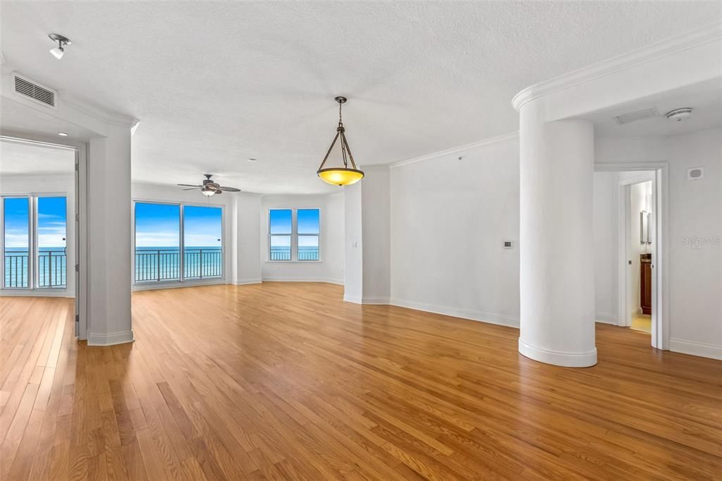 Empty room, Interior, Pendant Lights, Recessed Lighting, Water, Wood Texture Flooring
