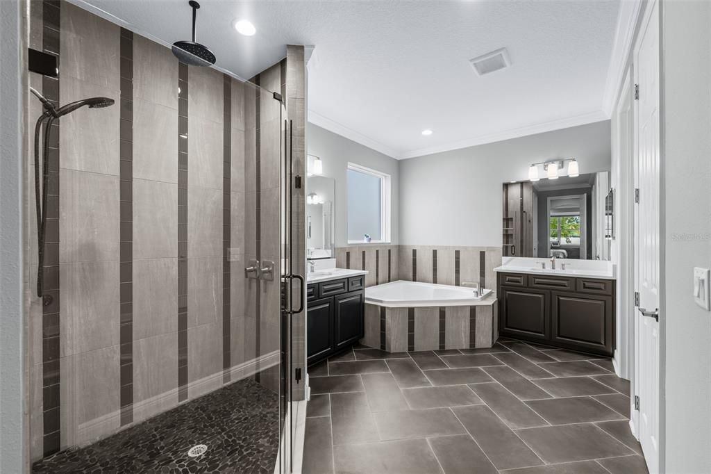 Bathroom, Dual Sink Vanities, Glass Shower, Interior, Recessed Lighting