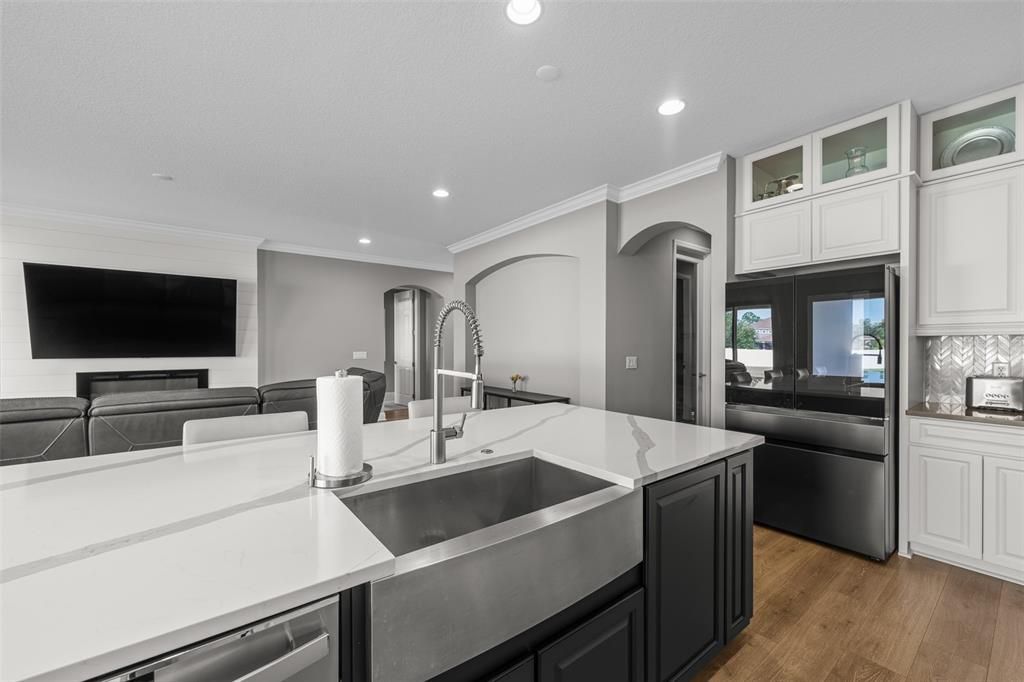 Interior, Kitchen, Living room, Recessed Lighting, Stainless Steel Appliances, Wood Texture Flooring
