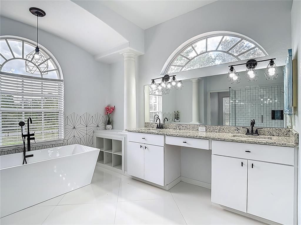Bathroom, Dual Sink Vanities, Free Standing Baths, Interior, Pendant Lights