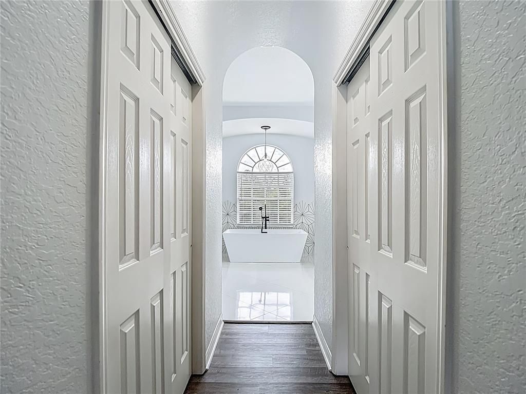 Bathroom, Chandelier, Interior, Wood Texture Flooring