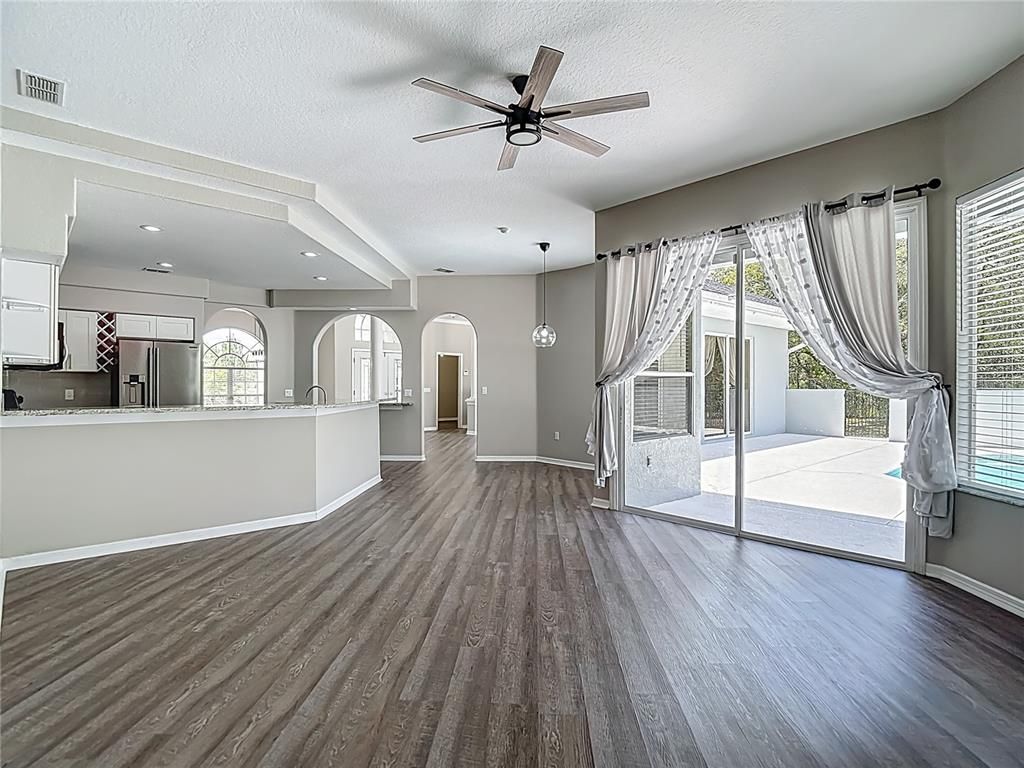 Empty room, Interior, Kitchen, Pendant Lights, Recessed Lighting, Wood Texture Flooring