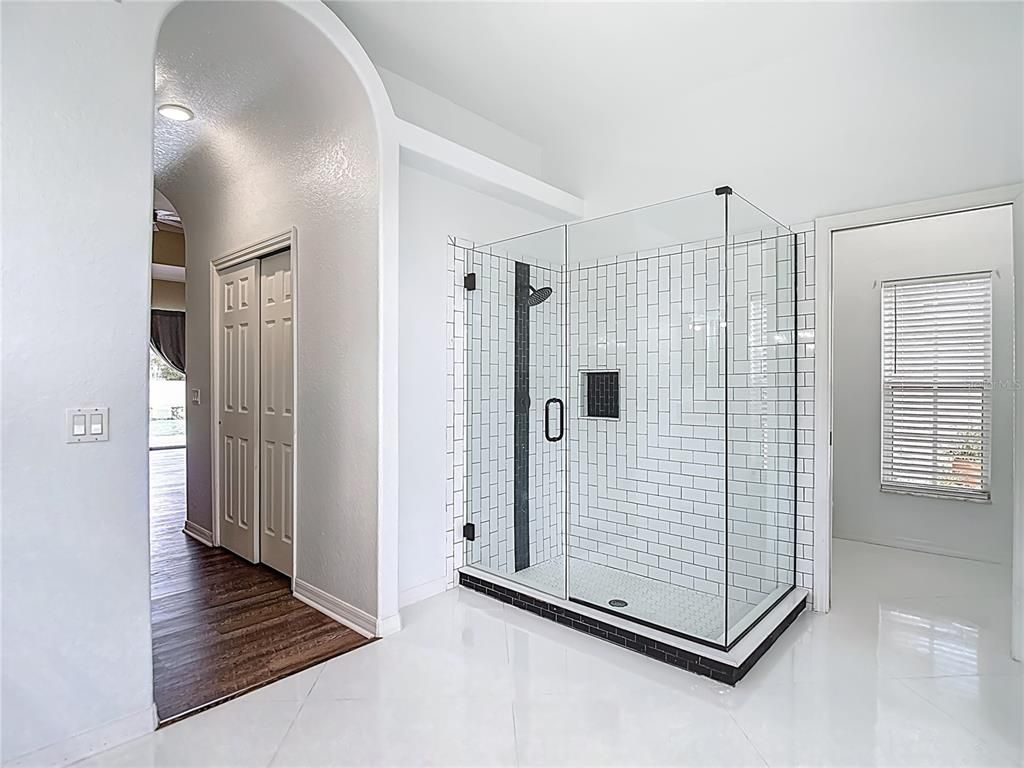 Bathroom, Glass Shower, Interior, Recessed Lighting, Wood Texture Flooring