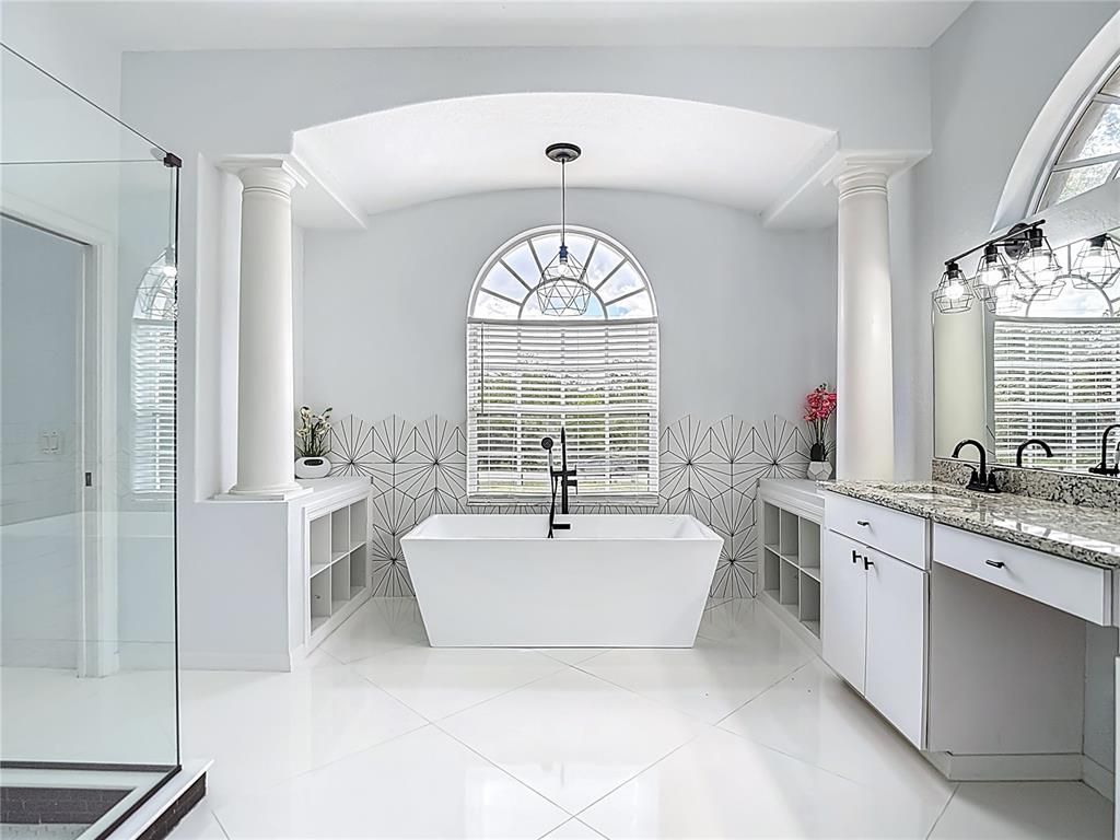Bathroom, Dual Sink Vanities, Free Standing Baths, Glass Shower, Interior, Pendant Lights