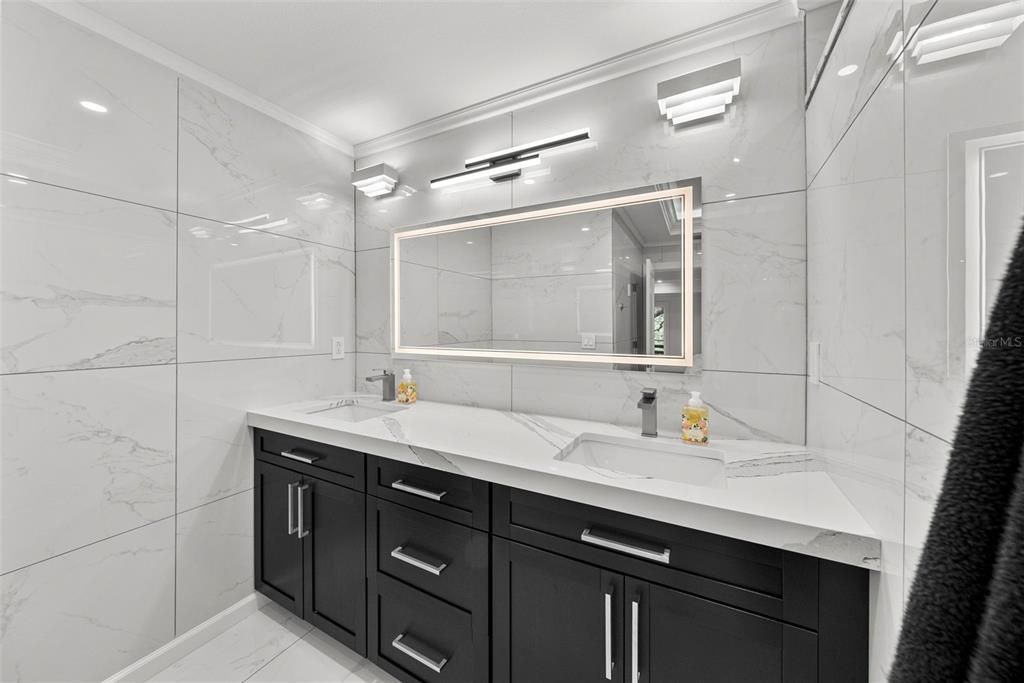 Bathroom, Dual Sink Vanities, Glass Shower, Interior, Marble, Marble Walls