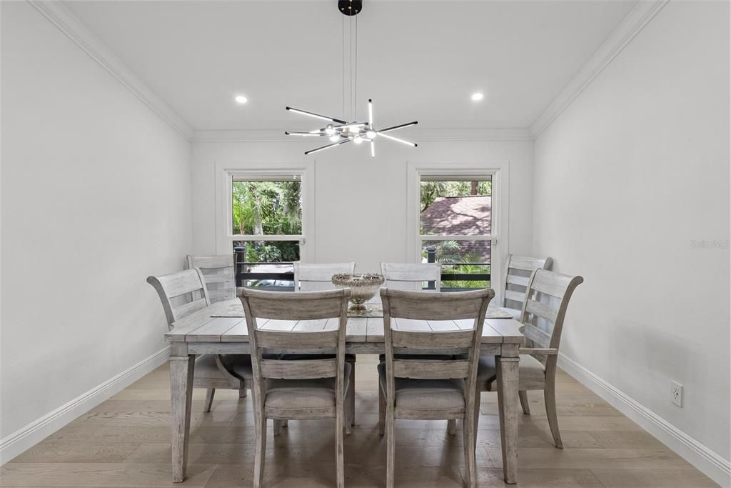 Dining room, Interior, Pendant Lights, Recessed Lighting, Wood Texture Flooring