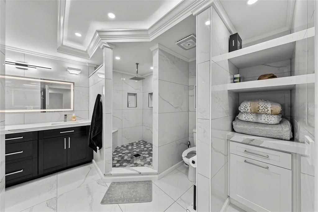 Bathroom, Glass Shower, Interior, Marble, Marble Walls, Recessed Lighting