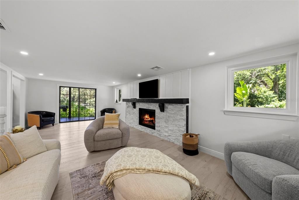 Fireplace, Interior, Living room, Recessed Lighting, Wood Texture Flooring