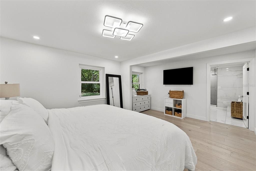 Bedroom, Interior, Marble Walls, Recessed Lighting, Wood Texture Flooring