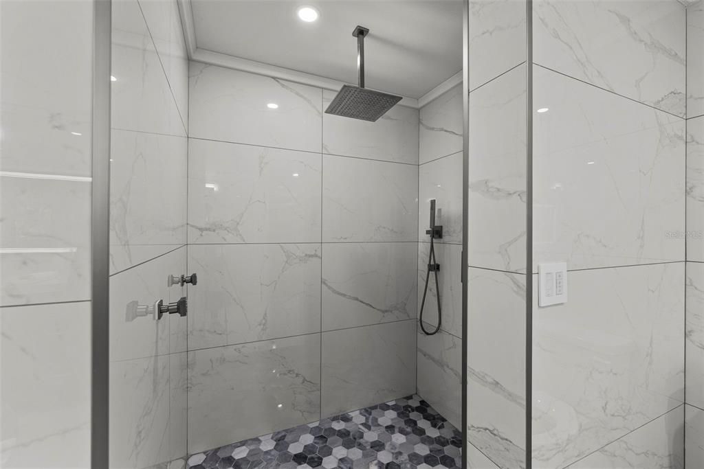 Bathroom, Glass Shower, Interior, Marble Walls, Recessed Lighting