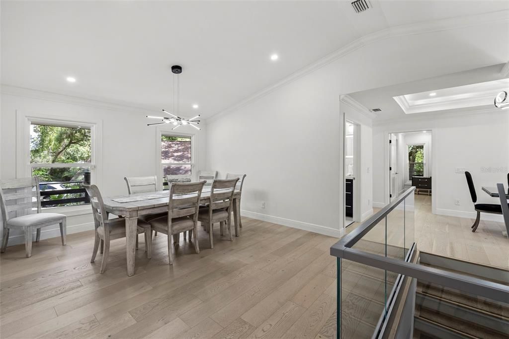 Dining room, Interior, Pendant Lights, Recessed Lighting, Wood Texture Flooring
