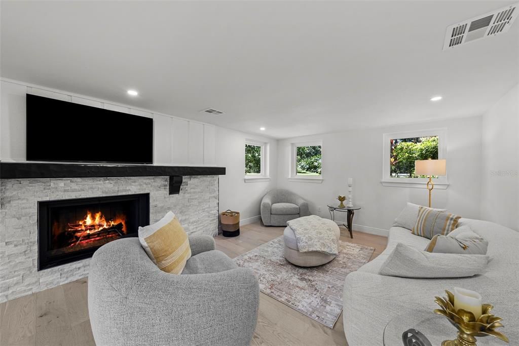 Fireplace, Interior, Living room, Recessed Lighting, Wood Texture Flooring