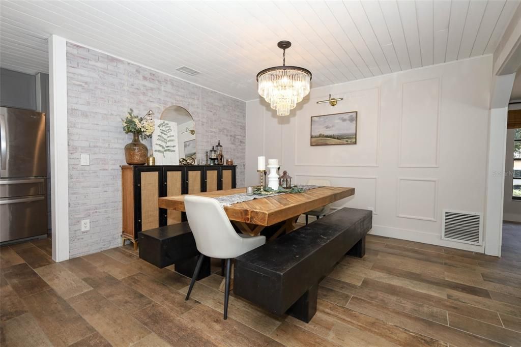 Chandelier, Dining room, Interior, Stone Walls, Wood Texture Flooring