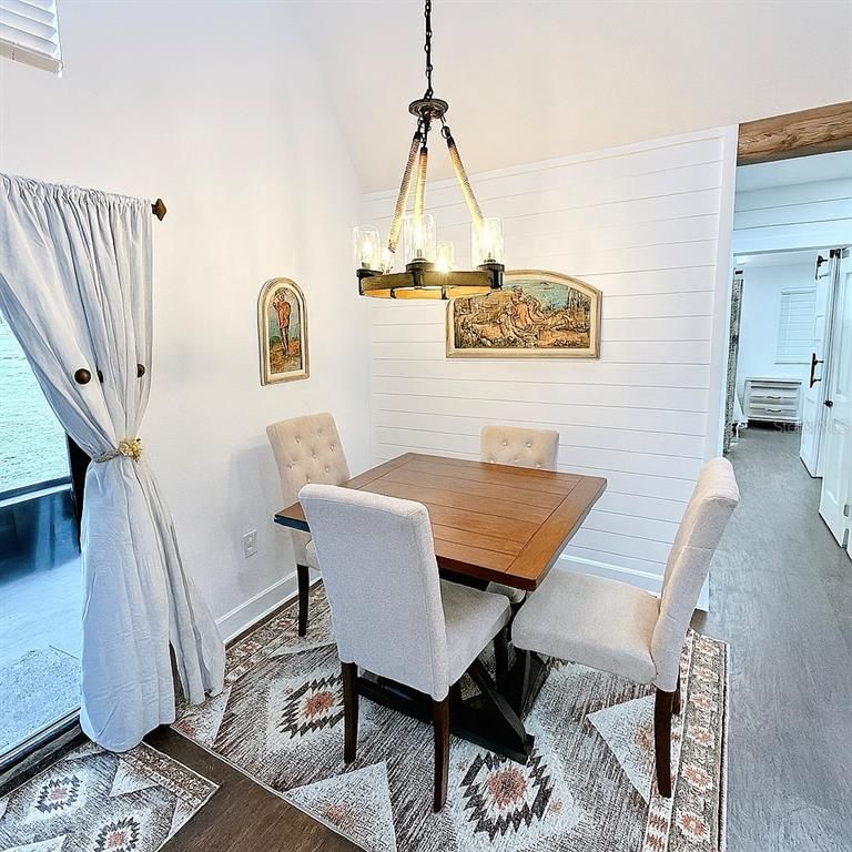 Dining room, Interior, Pendant Lights, Water, Wood Texture Flooring