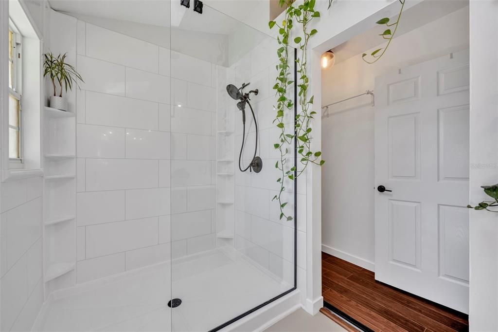Bathroom, Glass Shower, Interior, Wood Texture Flooring