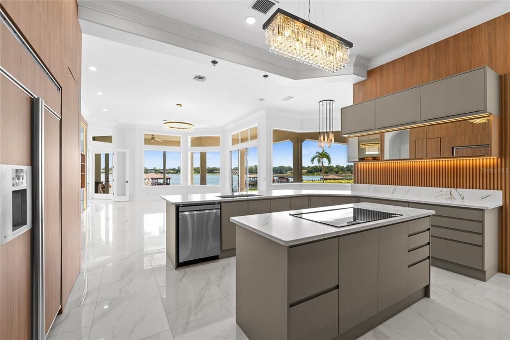 Chandelier, Interior, Kitchen, Marble, Pendant Lights, Recessed Lighting, Stainless Steel Appliances, Water