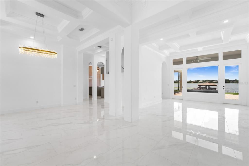 Chandelier, Empty room, Interior, Marble, Recessed Lighting, Water