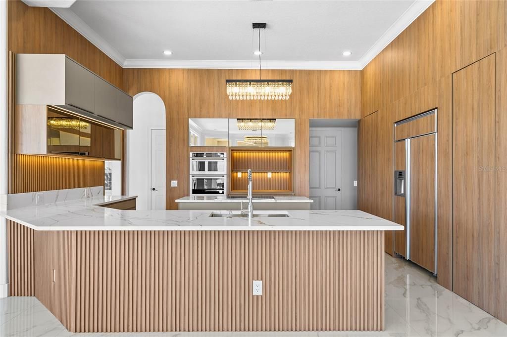 Chandelier, Interior, Kitchen, Marble, Pendant Lights, Recessed Lighting, Stainless Steel Appliances, Wooden Walls