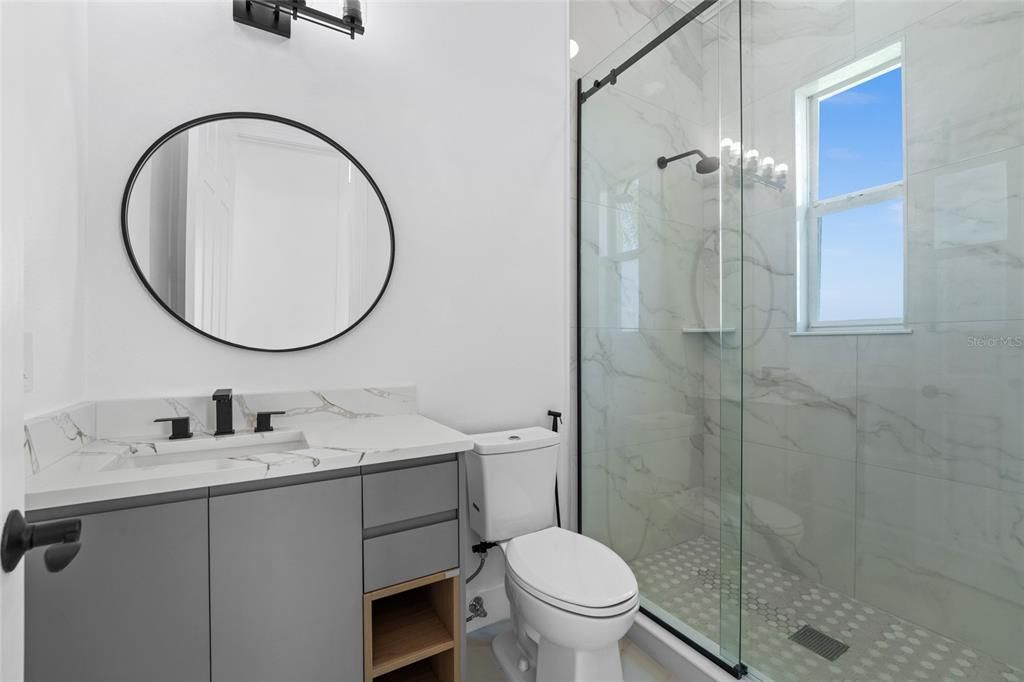 Bathroom, Glass Shower, Interior, Marble Walls