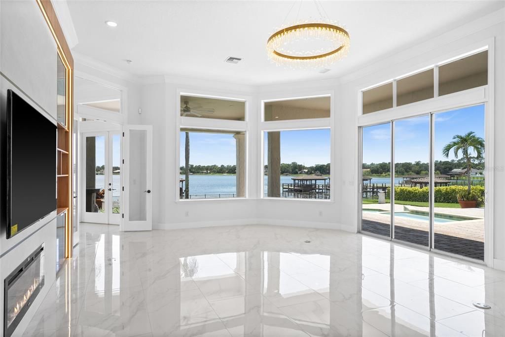 Chandelier, Empty room, Interior, Marble, Recessed Lighting, Water