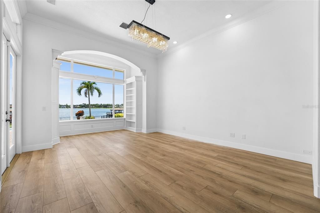 Chandelier, Empty room, Interior, Recessed Lighting, Water, Wood Texture Flooring